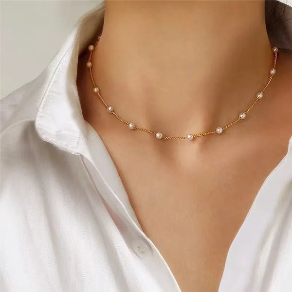 Golden Pearl Line Necklace